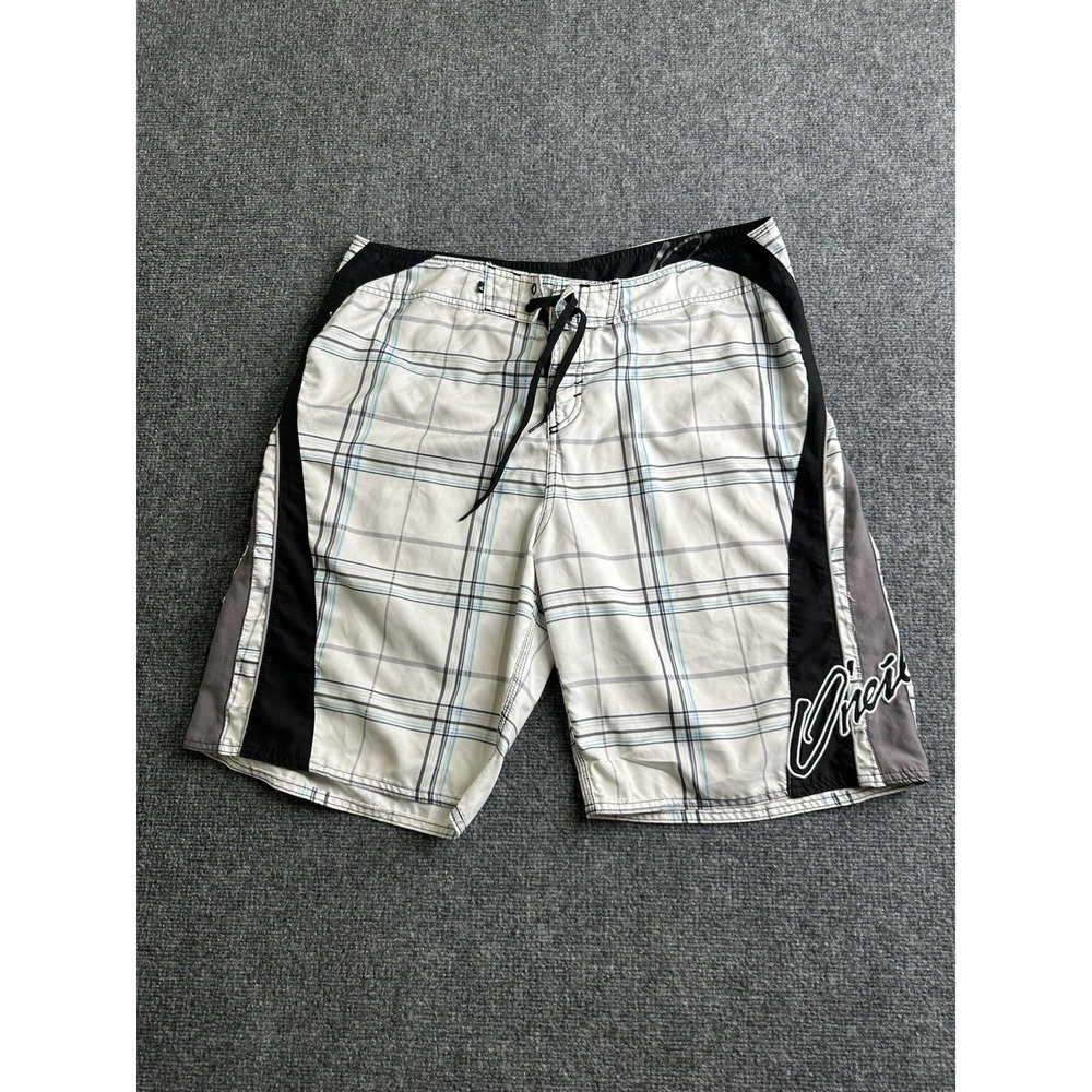 Men's O'Neill Plaid Board Shorts Swim Trunks Black White, Size L